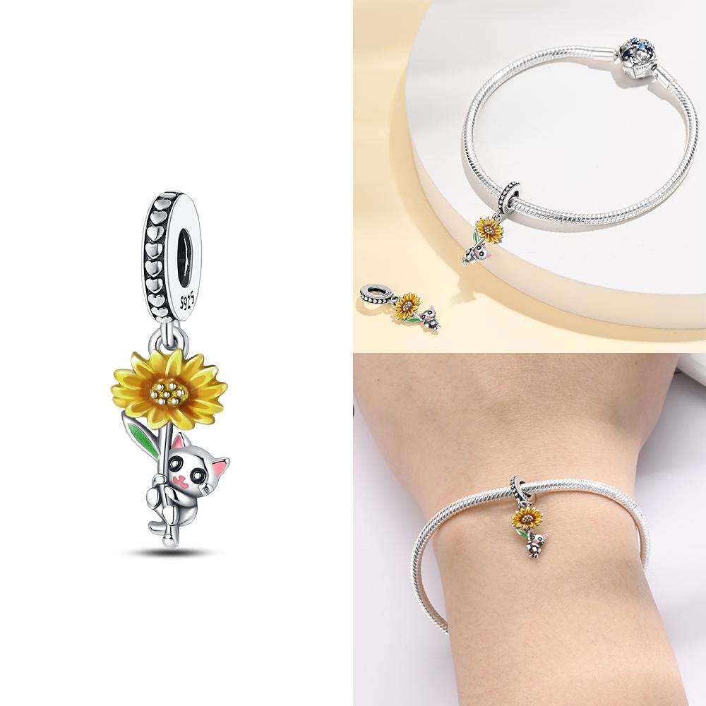 Copper Myellow Sunflowers Coconut Trees Roses Beads Pendant Charm For Original Bracelet Woman Girl Jewelry