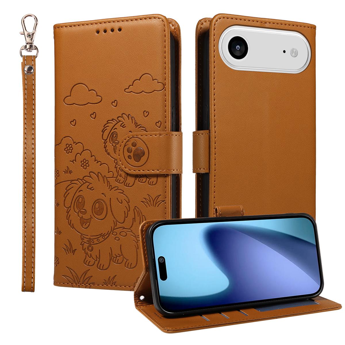 

For iPhone 17 Air Case RFID Blocking Imprinted Dog Pattern PU Leather Phone Cover with Wrist Strap Brown