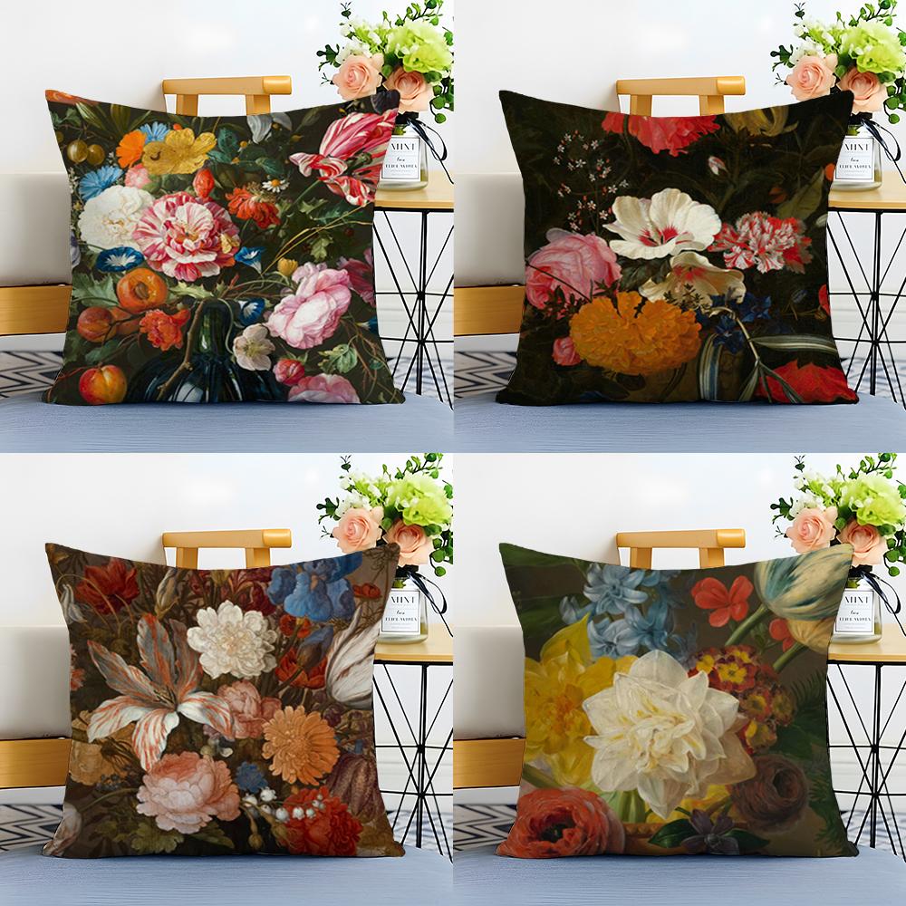 Beautiful Oil Painting Flowers Art Cushion Cover Linen Pillowcase Soft For Sofa Bed Home Room Decor