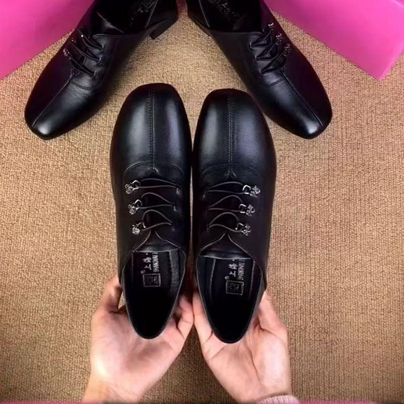 Soft Leather Women's Shoes Medium Heel Spring and Autumn New Thick Heel Lace-up Small Leather Shoes Versatile Single Shoes Mother Shoes