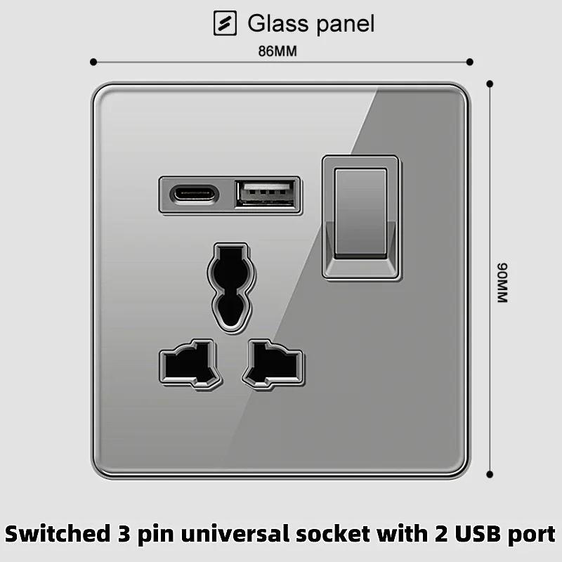 Deluxe Grey Tempered Glass Panel UK 13A Plug Electrical Socket, Double 5 Pin Socket and Switch, EU Universal USB C Wall Socket