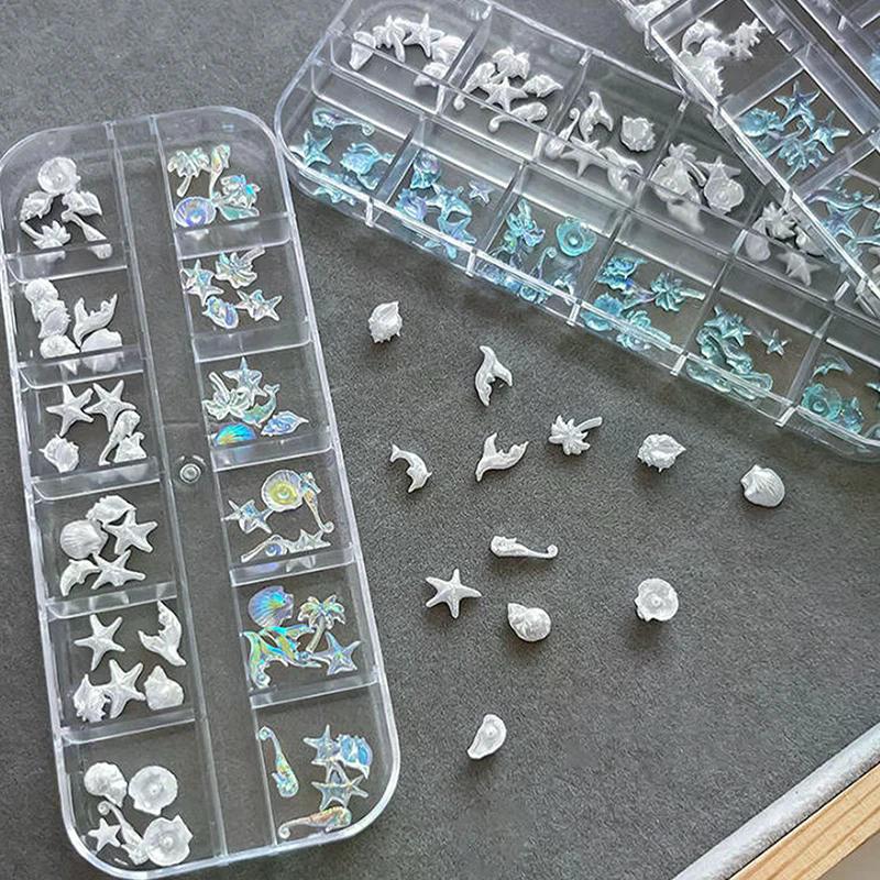 12Grid 60Pcs Ocean Series Nail Charms Ice-Clear Resin Seashell Starfish 3D Mixed Shells DIY Manicure Decorations