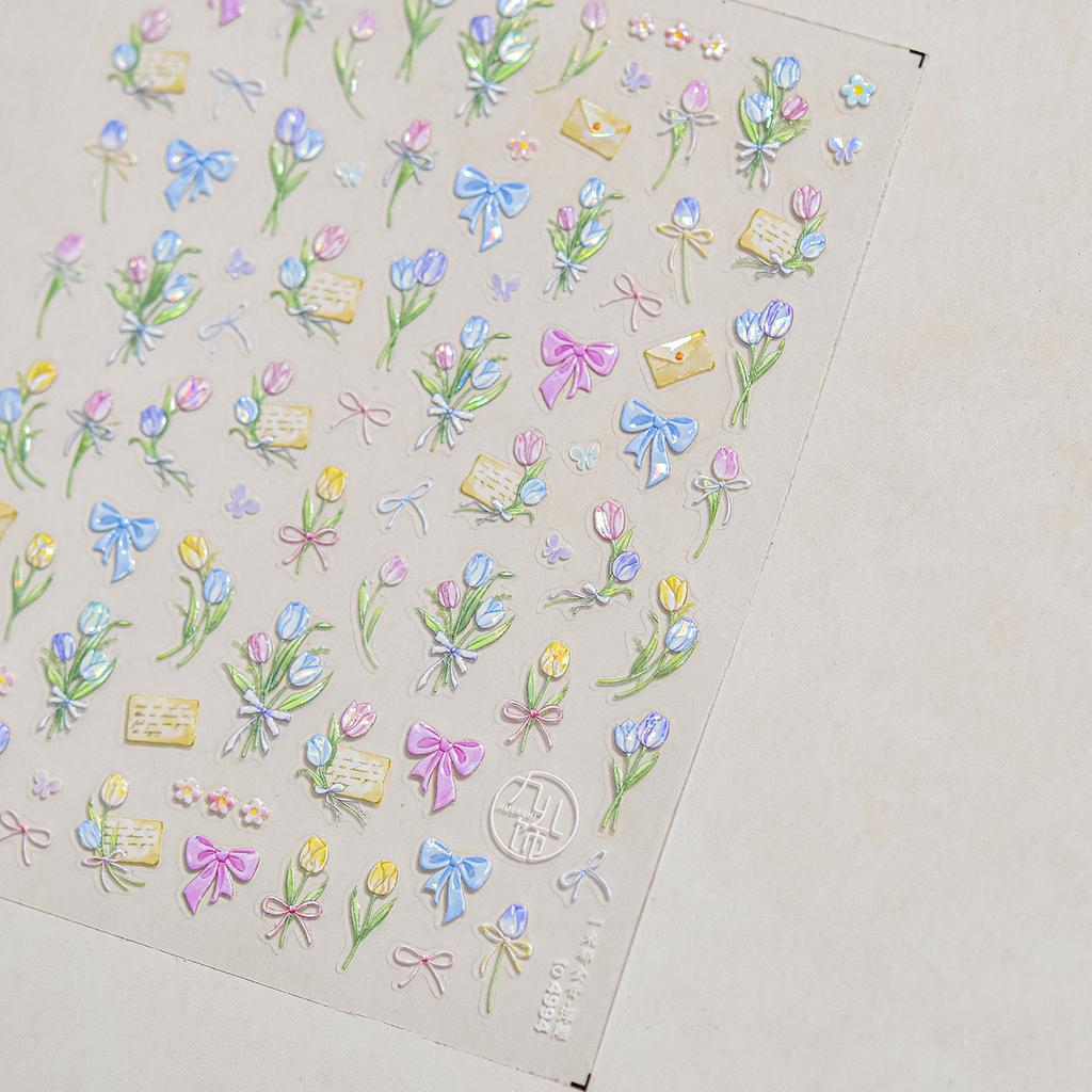 Cherry Blossom Pink Flower Sakura Spring 5D Nail Art Sticker Gold Stamping Soft Adhesive Relief Adhesive Chic Manicure Decals