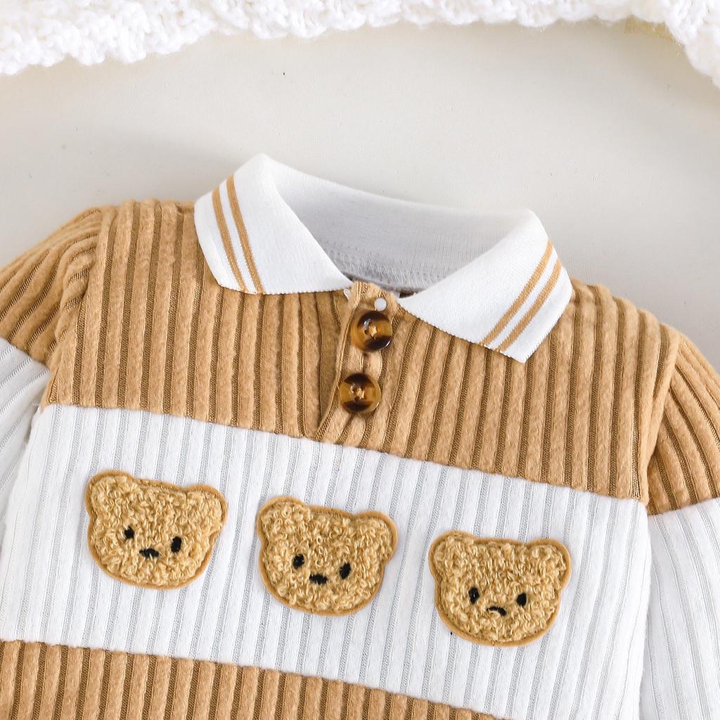 Baby Knitted Jumpsuit Bear Patch Embroidered Turn-Down Collar Romper Baby Spring and Autumn Long Sleeve Romper