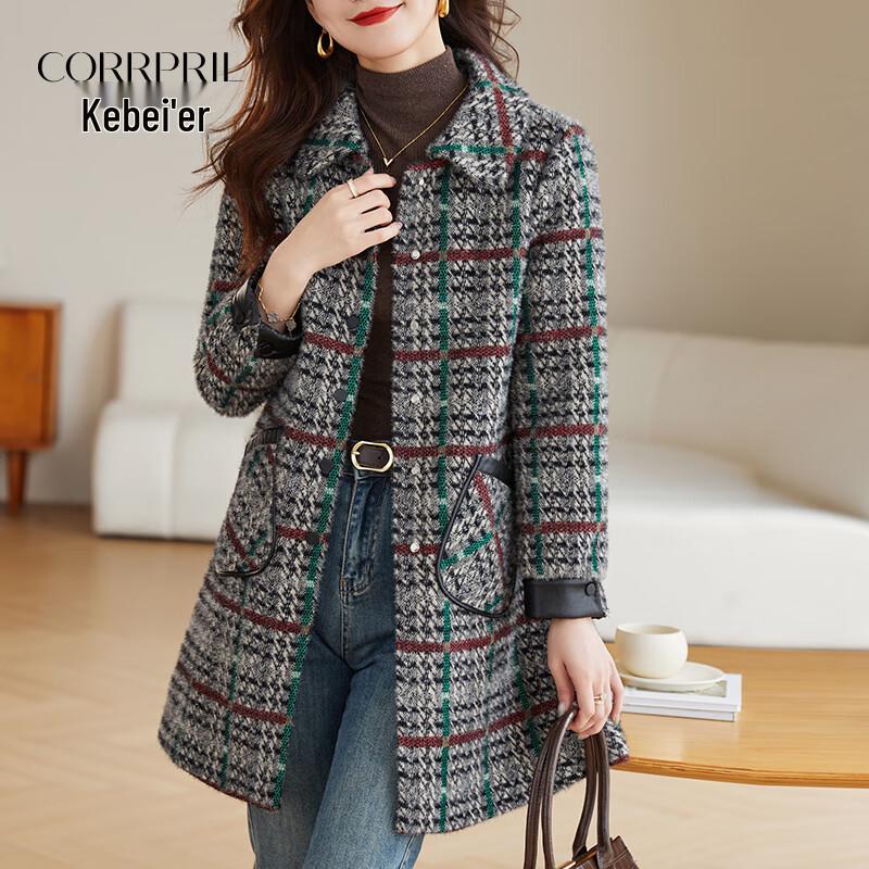 

Ke Bei Er Women s Houndstooth Thickened Wool Blend Mid-Length Coat 3XL