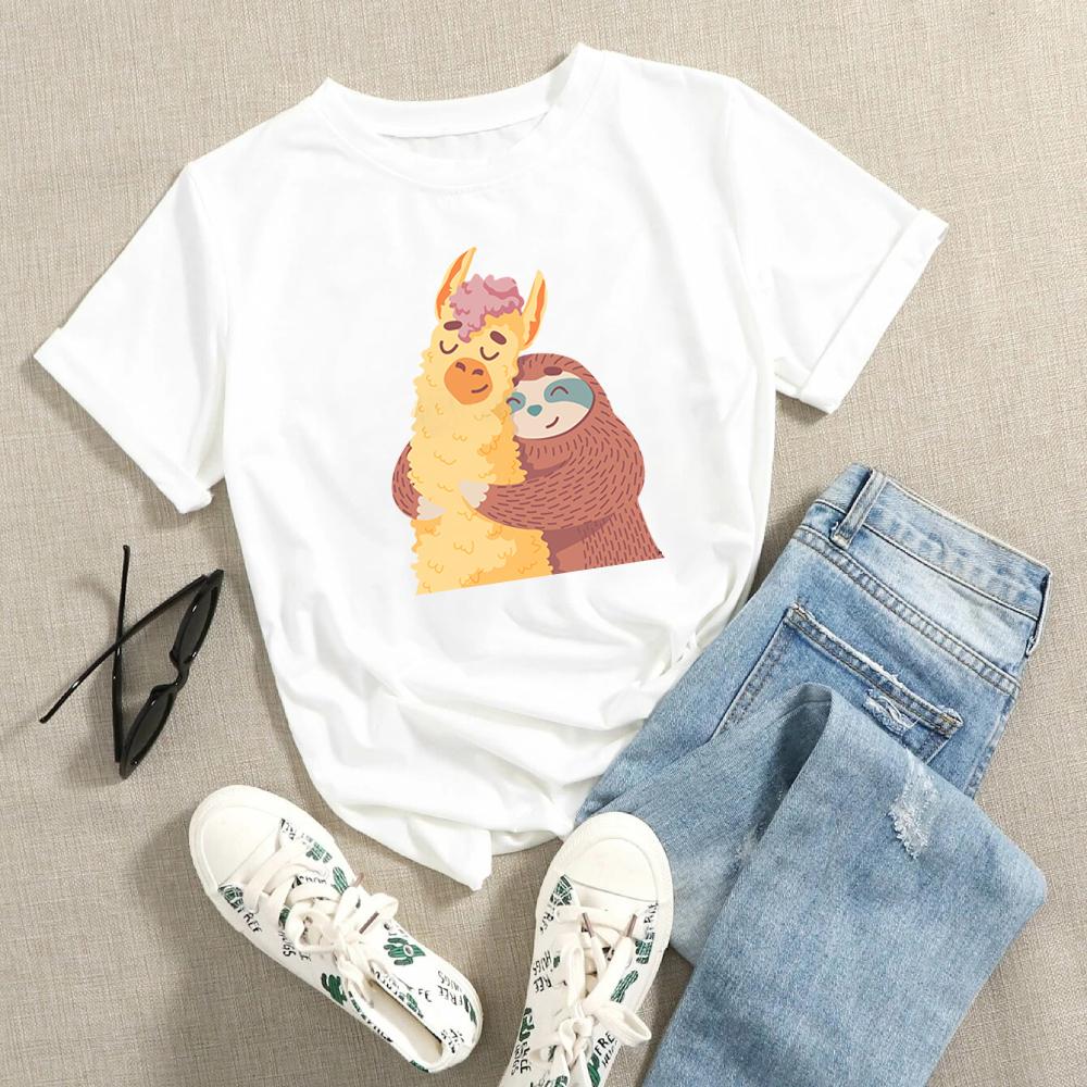 

Alpaca Print Women s T-Shirts Black And White Graphic Tee Shirt Summer Personality Funny Simple Harajuku Short Sleeve Top Tumblr XXXL білий