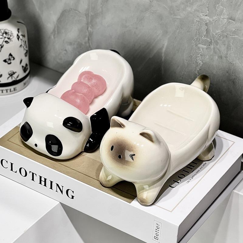 Creative High Appearance Level Cat and Panda-shaped Soap Dish, Water-draining Ceramic High-end Light Luxury Soap Storage Box
