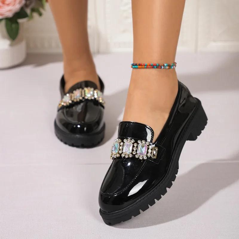 Fashion Women's Thick Sole Comfortable Round Toe Rhinestone Decorated Women's High Heel Shallow Mouth Work Office Women's Low Top Shoes