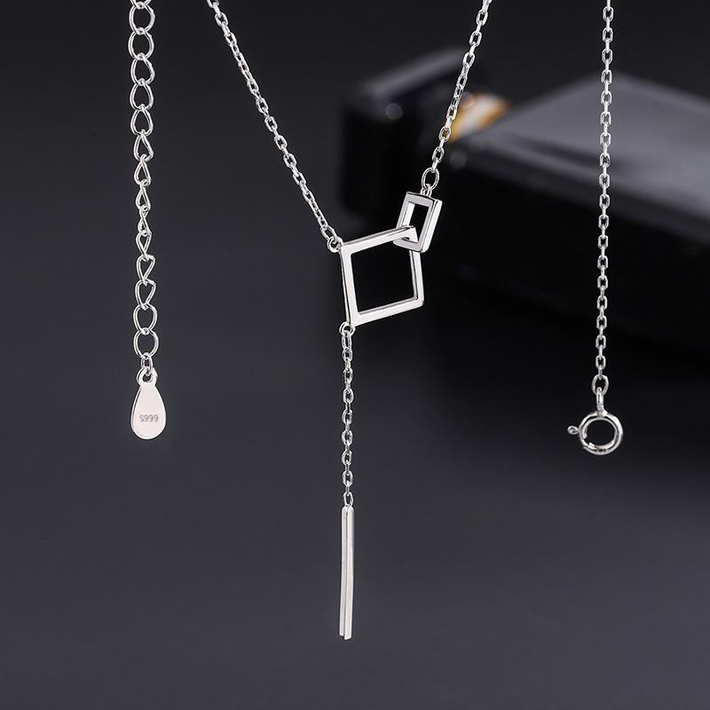 925 Silver Geometric Square Necklace Long Tassel Chain Wedding Jewelry Sweater Chain for Women