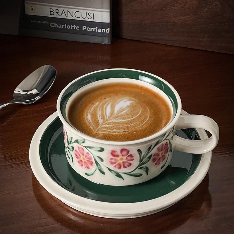 

Набор ретро керамической кофейной чашки и блюдца из сафлорового зеленого листа, чашка для латте. About 250ml