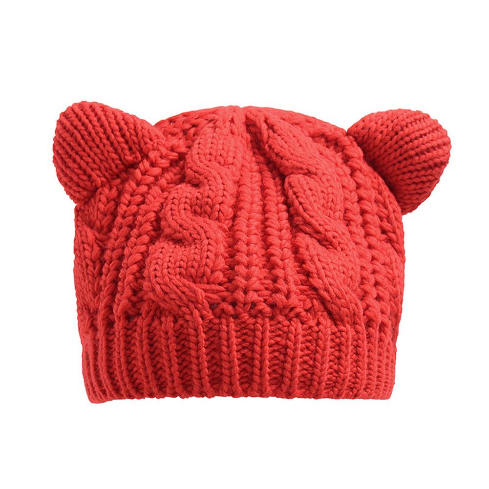 Women Knitted Hats Autumn Winter Trendy Solid Color Cute Cat Ears Cable Knit Beanie Hats