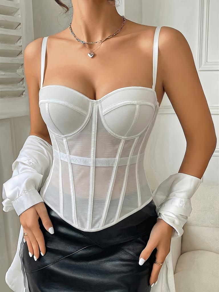 Women's Fashion Brown Mesh Panel Off-Shoulder Strapless Top, Sexy Backless Multi-Row Button Bodysuit,Fishbone Cup Corset Bustier
