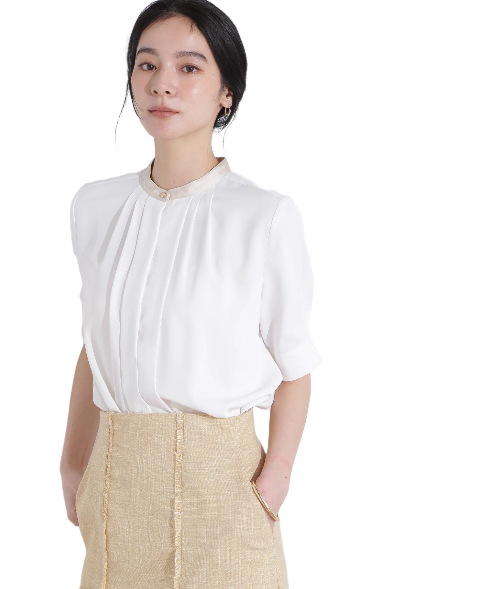 

Nano Universe Стойка Двухцветная Блузка с Защипами, Рукав, Женская, S, 030, Белый, 669-5121306