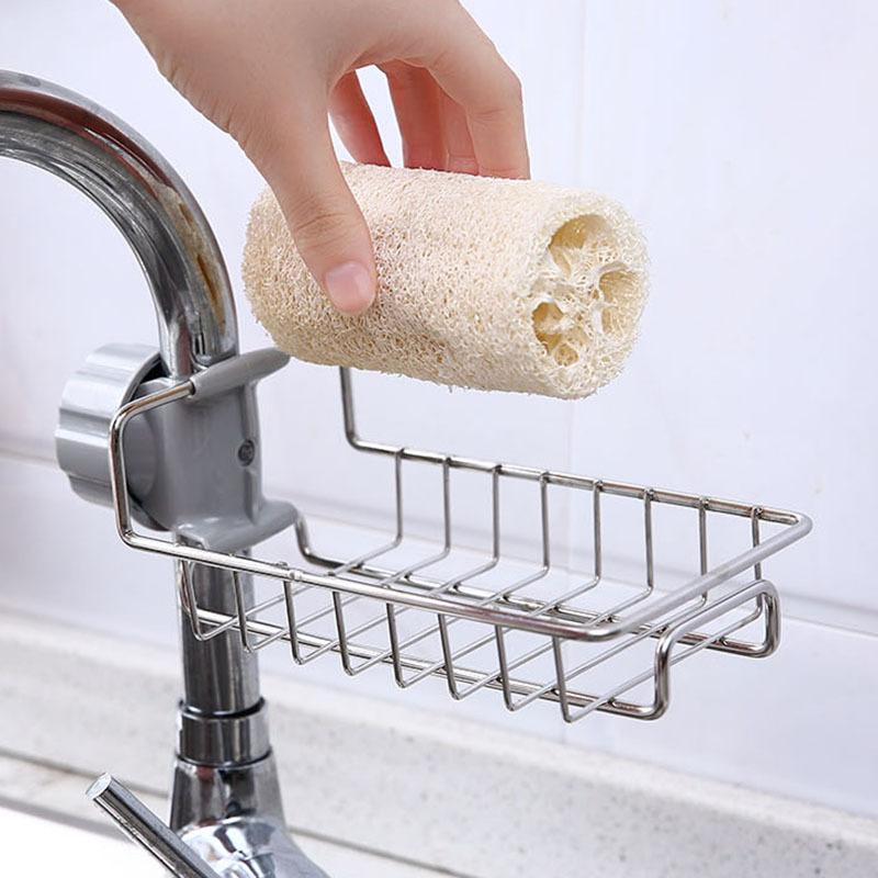 Kitchen stainless steel faucet rack household non-punching rag sponge brush drain rack sink storage rack