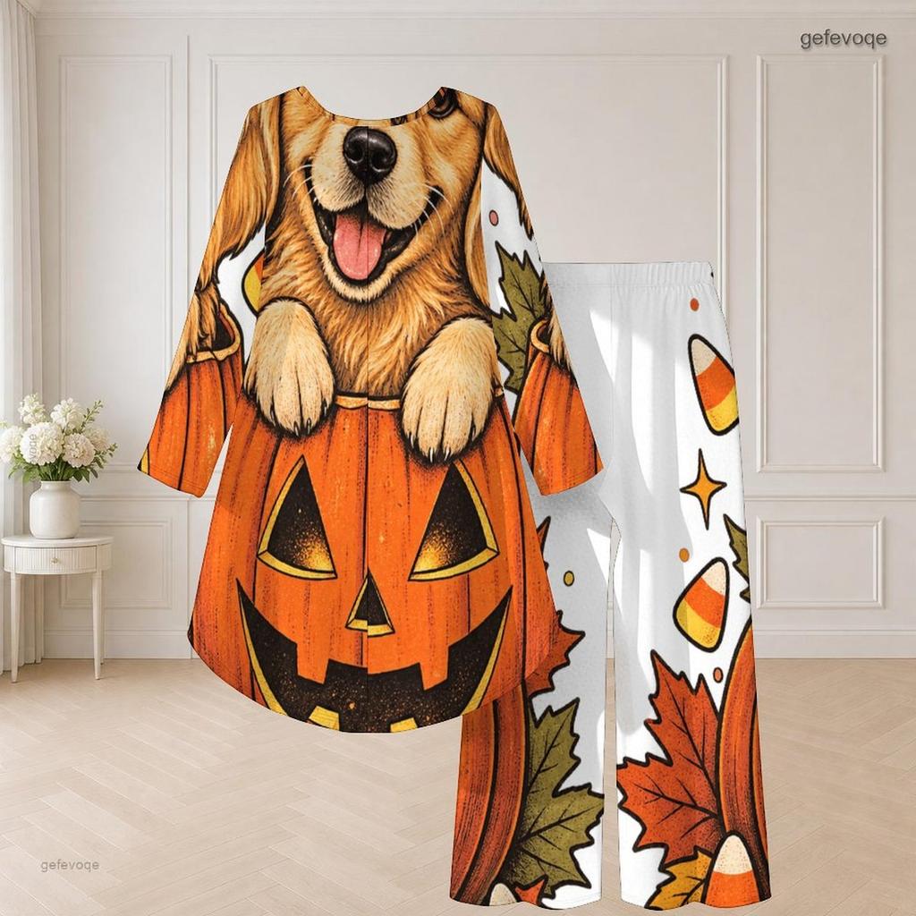 Women Plus Size Round Neck Long Sleeve Cartoon Bear Printed High Low Top Wide Leg Pants Two Piece Set