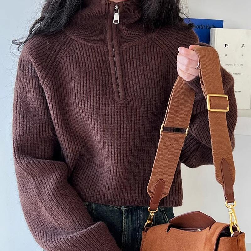 Poloviční vysoký límeček na zip Pletený svetr pro ženy Podzimní Lucerna Rukáv Vintage Volné Pulovry Svetry Zimní Silné Ležérní Jednobarevné Teplé svetry 25404