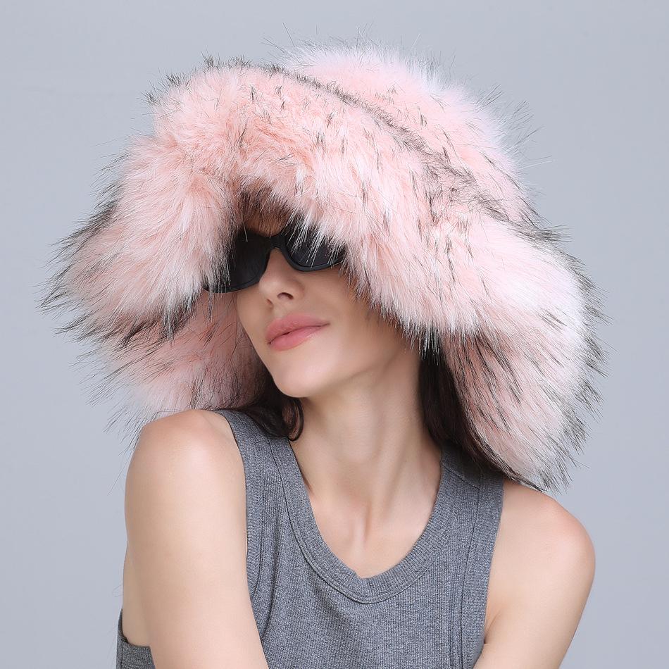 European and American Warm Bucket Hat Women s Autumn and Winter Wide Brim Thickened Imitation Fur Fox Hair Pot Hat Solid Color Plush Hat Adjustable