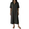 Abito estivo in cotone e lino da donna, manica corta, bottoni, colletto, midi, casual, svasato, linea ad A, ampio, da vacanza