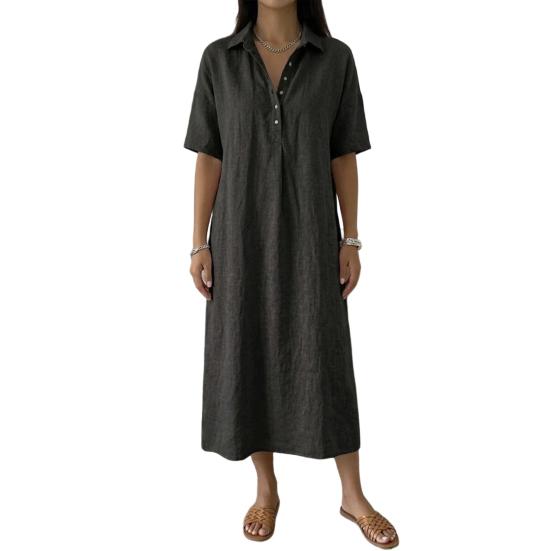 

Summer Cotton Linen Dress for Women Short Sleeve Button Up Lapel Midi Dress Casual Flowy A-Line Loose Vacation Dress XXL чёрный