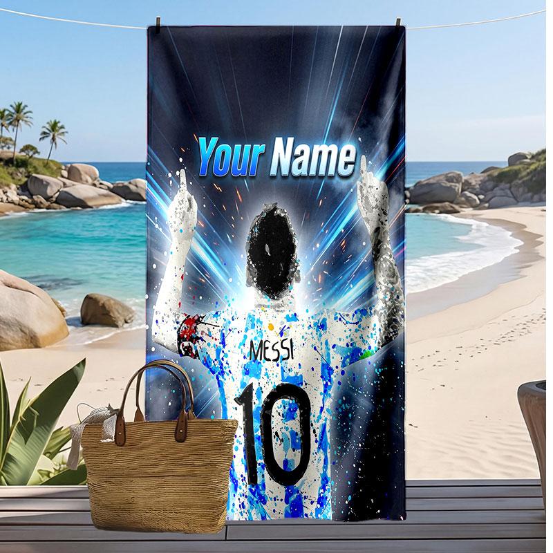 Asciugamano da Spiaggia Personalizzato Stampato Lionel Messi Logo Calcio Supporto Nome Personalizzato Testo Asciugamano Assorbente Per Sport Viaggio Regalo Speciale