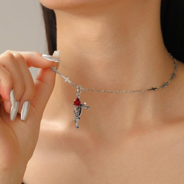 Versatile Crucifix Pendant Chain Rose Detailing Adjustable Necklace for Everyday Outfits Religious Accessory Jewelry
