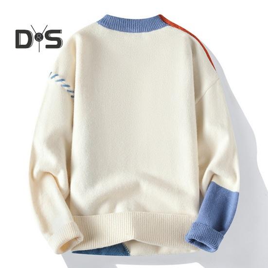 Autumn Winter Men Sweater Color Blocking Slicing Design Round Neck Loose Knitted Pullover Thick Warm Bottoming Sweater Casual Wear Work Dating Sweater