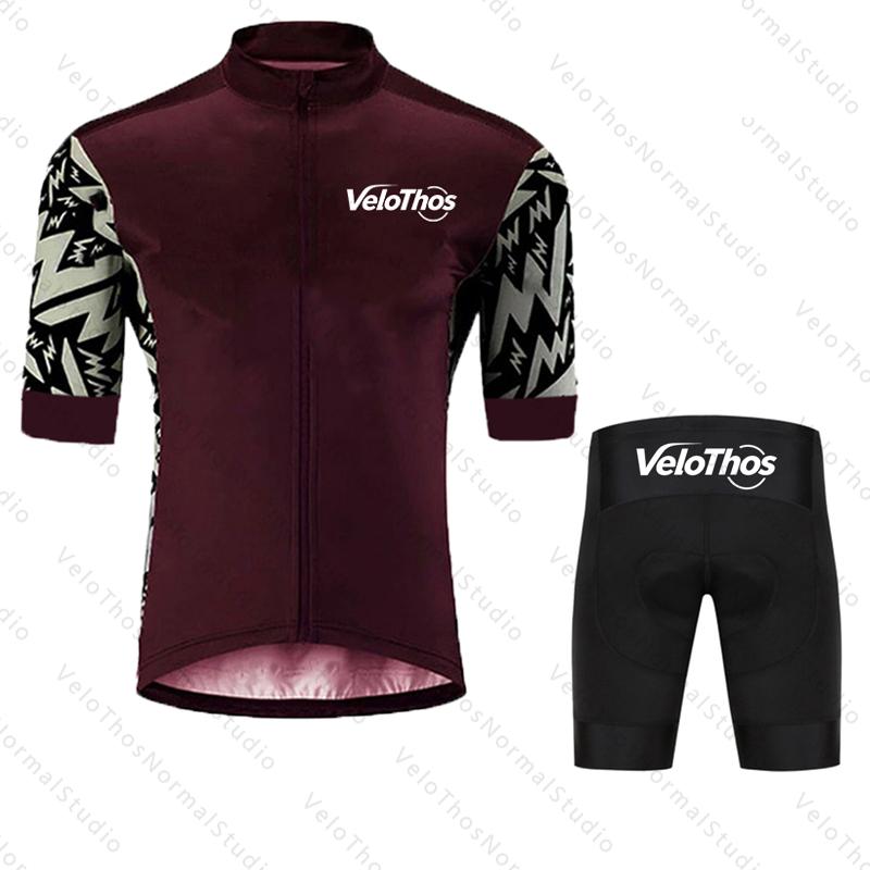VeloThos Summer Cycling Jersey Set Short Sleeve and Bib Shorts Sport Camping Pro Race Bicycle Clothing MTB Ropa Maillot for Men