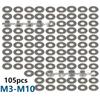 105-Piece Set: 304 Stainless Steel Flat, Spring, and Round Washers (M3-M10)