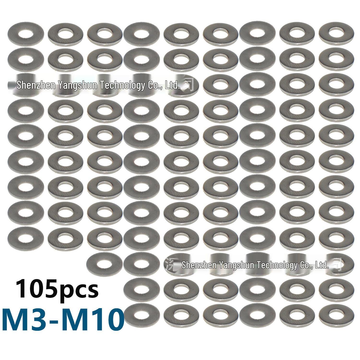 105-Piece Set: 304 Stainless Steel Flat, Spring, and Round Washers (M3-M10)