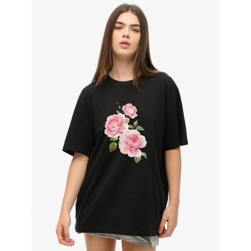 Oversized T-Shirt Black Rose Floral Print Casual Wear