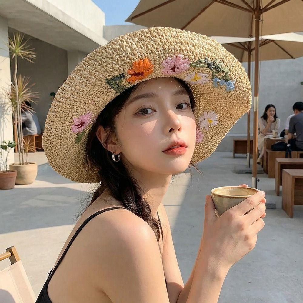 Embroidered Flower Flower Straw Hat Colorful UV Protection Cap Sweet Weave Hat  Holiday