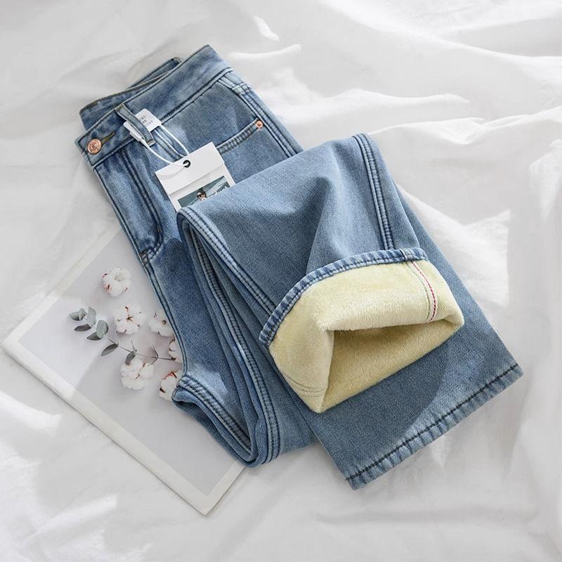 Large Size Jeans for Women with Plush Autumn and Winter High Waist Wide Leg Long Pants