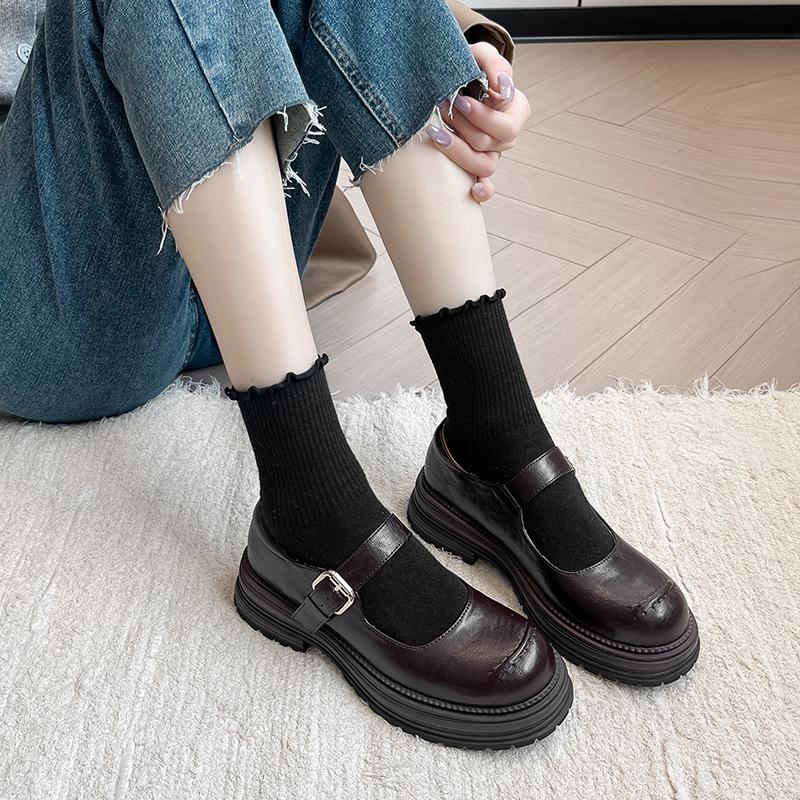 Retro British Style Round Head Shallow Mouth Mary Jane Single Shoes Women's Thick Sole One-word Belt with Skirt Thick Sole Black Small Leather Shoes