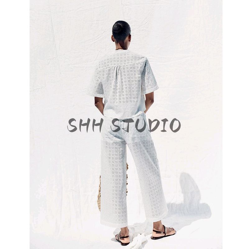 Summer New Cotton Cut Out Embroider Short Sleeve Shirt 2587076 High Waist Wide-Leg Casual Pants 2587077