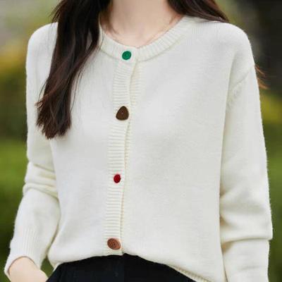 New Crew Neck Sweater Autumn Coat Color Button Cardigan Fashion Knitted Long Sleeve Loose Top