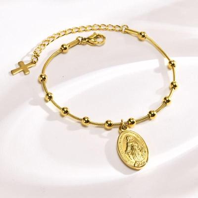Virgin Mary Rosary Cross Bracelet For Women Beaded Chain Stainless Steel Adjustable Religious Jewelry Gift