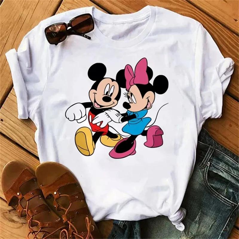 Fashion Cute Disney Mickey Minnie Cartoon Graphic Printed Women T-Shirt Casual O-Neck Short Sleeves Streetwear Female Tops Tees