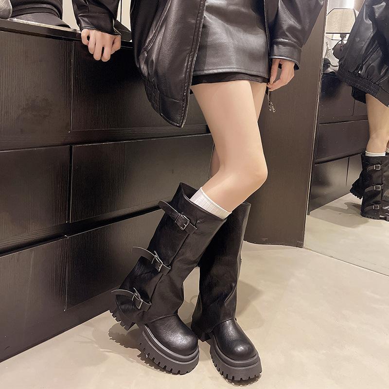 Yueyu 6cm Heightening Thick-soled Trouser Boots Women's Autumn Knight Boots Children's Long Boots Thick Heel Buckle Belt Medium Tube Pile