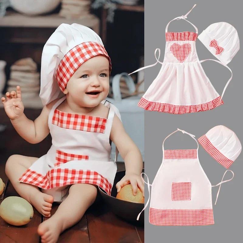 2 Pcs Set Cute Baby Chef Apron And Hat Infant Kids White Cook Costume Photography Prop Newborn Hat Apron For Kids