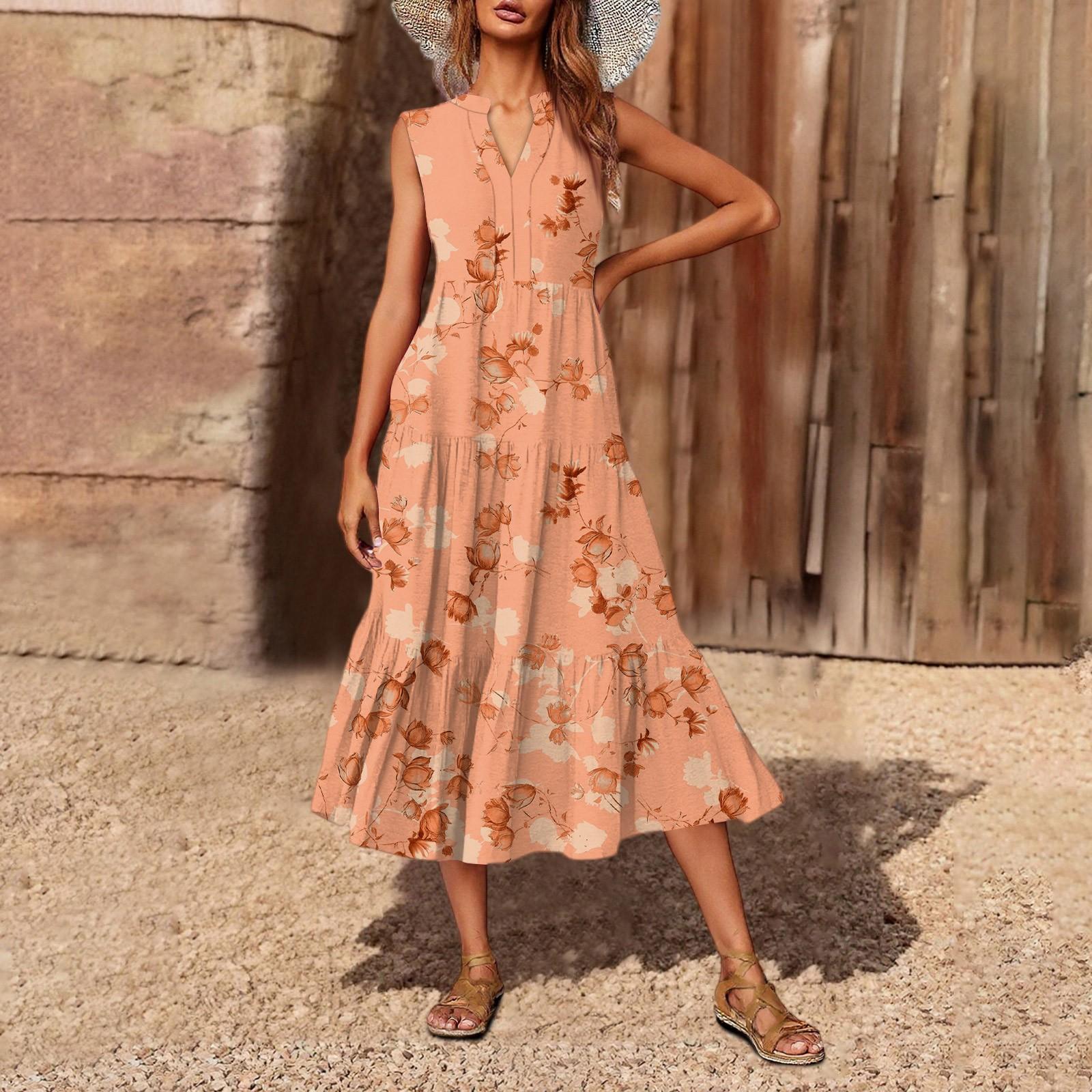 Women s Casual And Fashionable V-neck  Sleeveless Printing Mid Length Dress S оранжевый