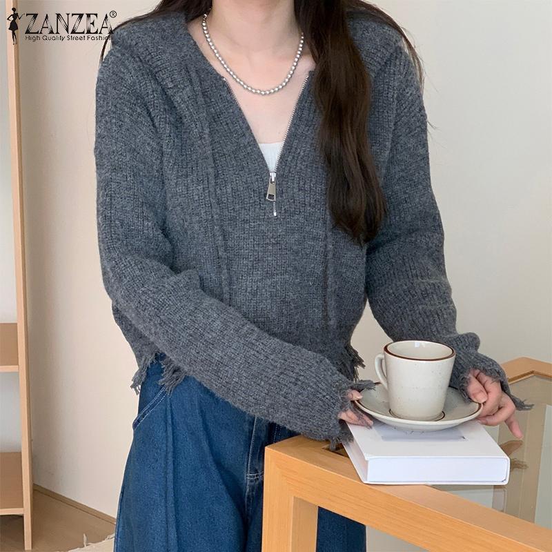 ZANZEA Autumn Women Long Sleeve Zip-up Rib Knitted Irregular Hooded Sweaters