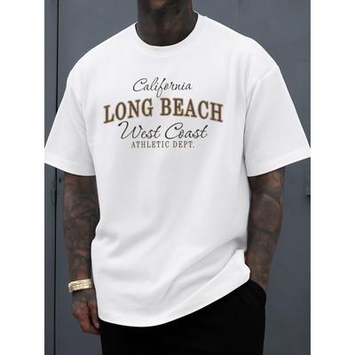 T-shirt da uomo Long Beach West Coast | Bianca Estiva Grafica Hip-Hop Streetwear, Girocollo, Vestibilità Regolare, Tessuto Leggermente Elasticizzato, Stile Casual