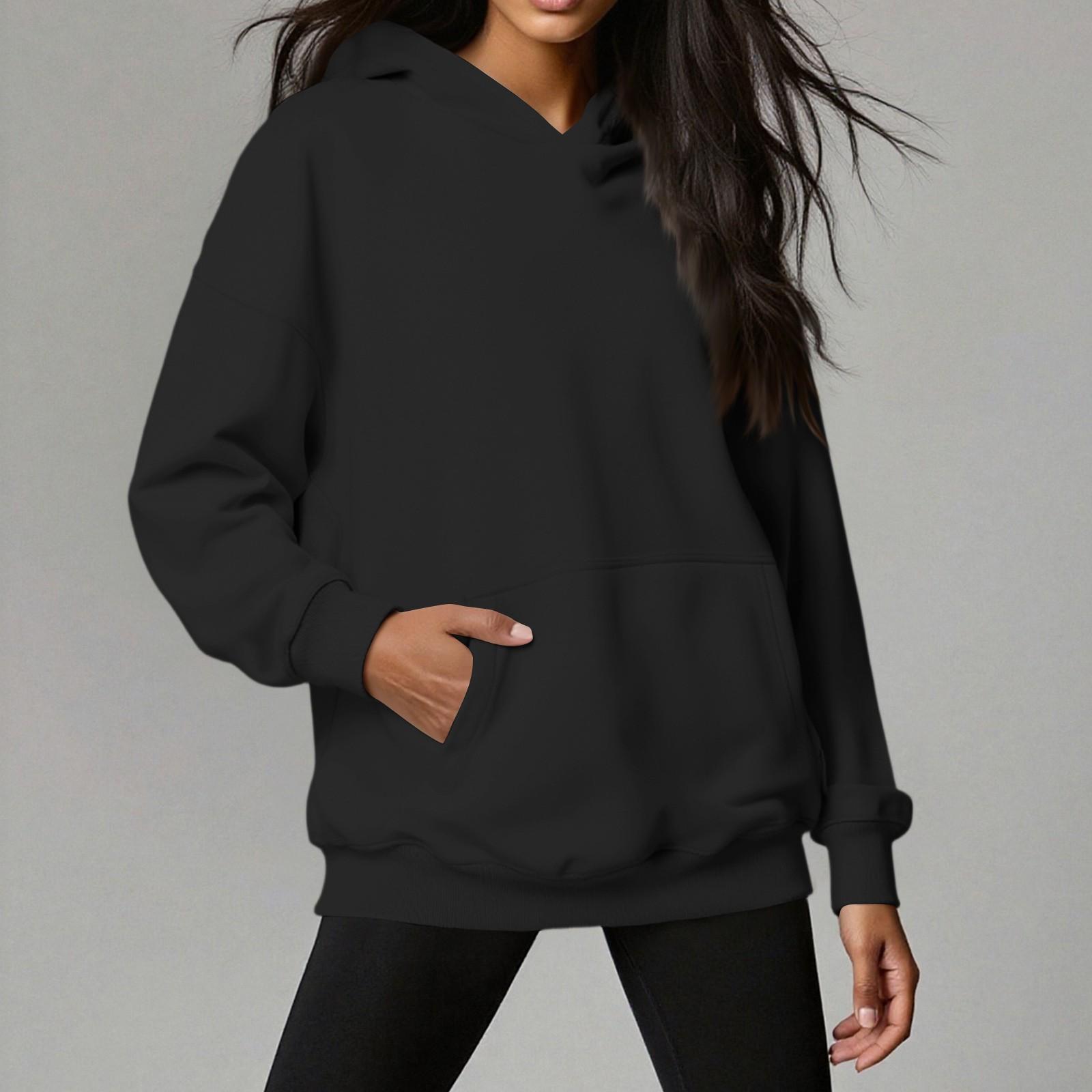 Женское худи однотонное с длинным рукавом, накладным карманом, свободный пуловер, толстовка L чёрный