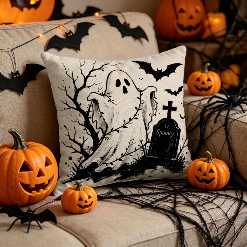 Halloween Spooky Linen Pillow Cover 1pc Indoor Decorative Sofa Cushion Cover with Pumpkin and Cat Design for Home Decoration