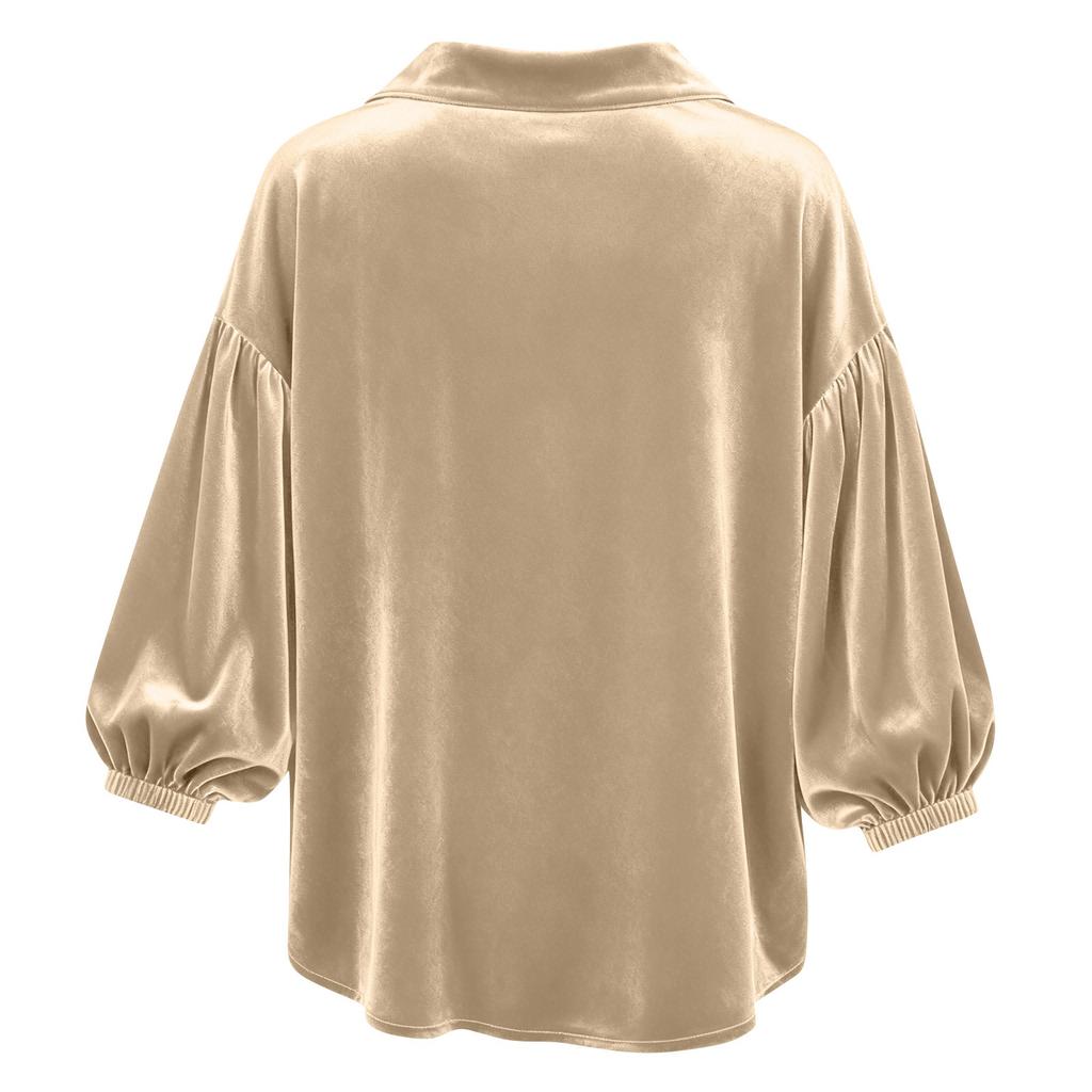 Women’s Loose Fit Satin Blouse with V Neck Collared Design and Three Quarter Puff Sleeves for Casual or Office Wear