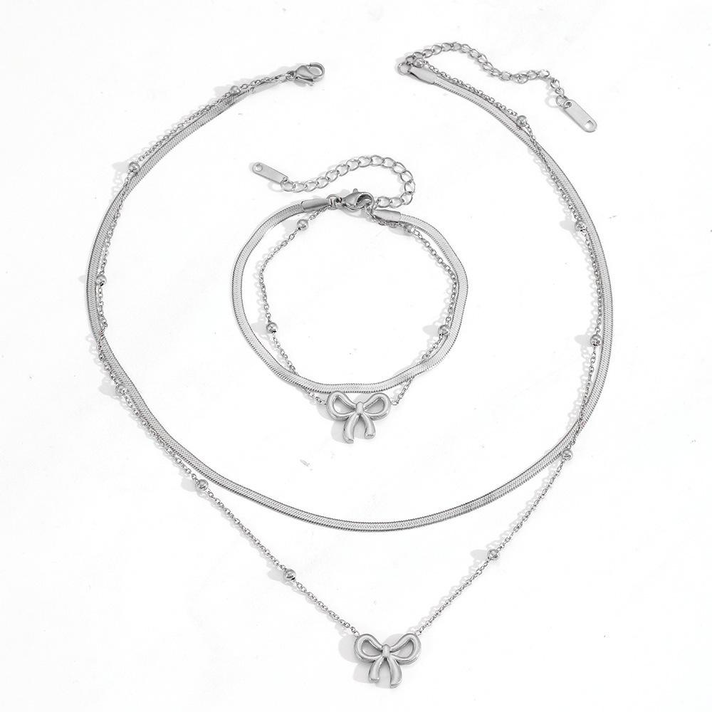 Cross Stainless Steel Double-Layer Bow Knot Anklet with Colorfast 18K Electroplated Bead Clasp