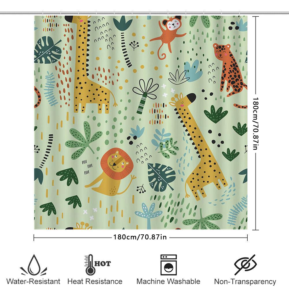 Animal Forest Shower Curtain Cute Cartoon Giraffe Leopard Lion Print Fabric Bathroom Decor Kids Bathing Room Waterproof Rug Pad