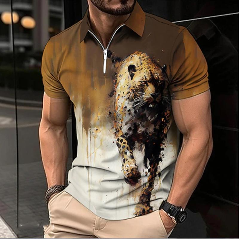 Casual Lapel T-shirt Young Men's Fashion Zipper T-shirt Short Sleeve T-shirt Men's 3D Mighty Men's Short Sleeved Animal Pattern Print T Shirt