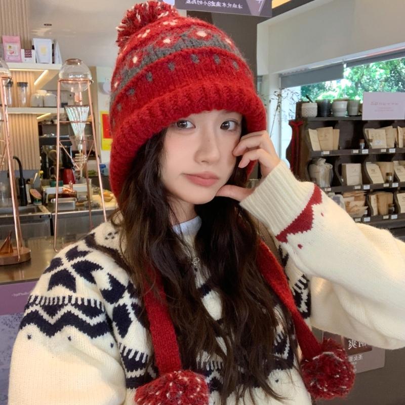Elastic Thermally Fleece Hat Nordic Pattern Lightweight Cold Weather Headwear Elastic Winter Beanies For Travel