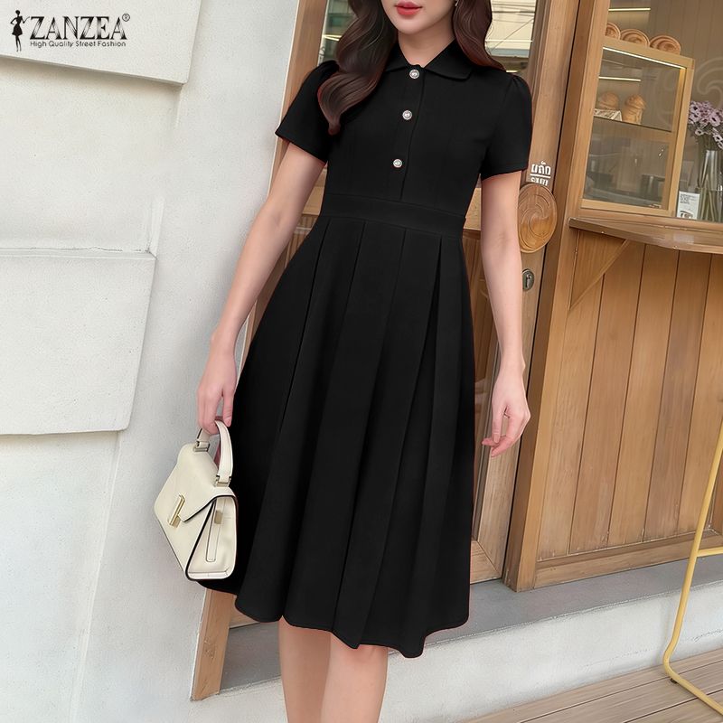 ZANZEA Women Casual Turn Down Collar Short Sleeve Summer A-line Dress